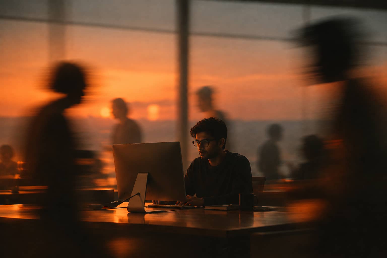 A professional working at a computer in a busy office at sunset